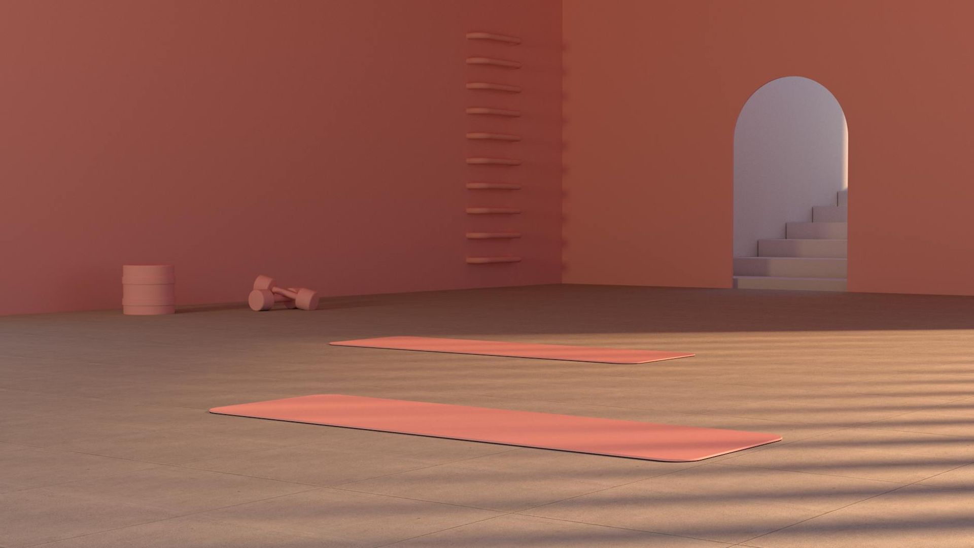 Minimalist interior space with soft lighting and training mats